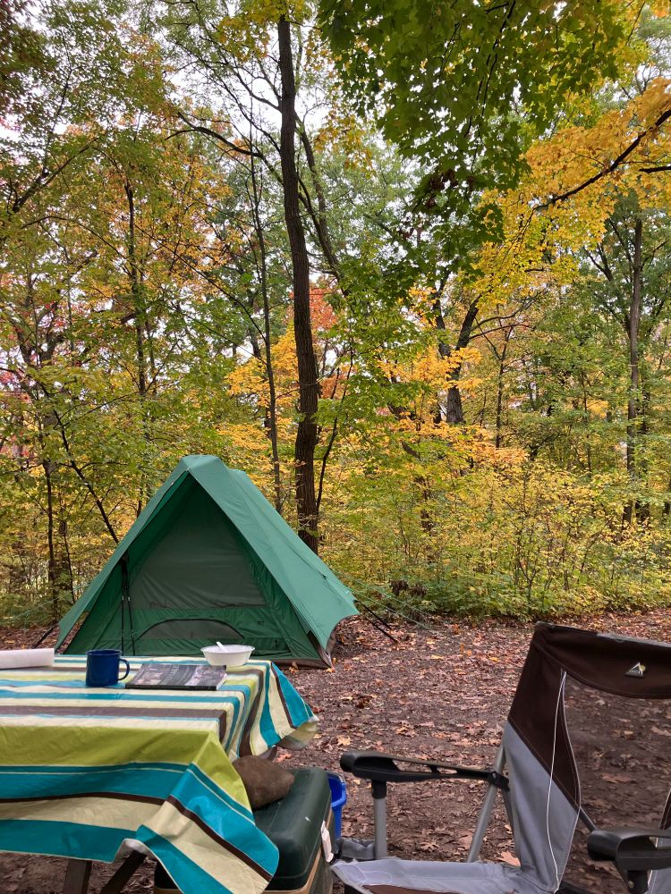 A green tent, a blue and green tablecloth on a picnic table, and a brown camp chair against fall foliage of green, yellow, and orange. It’s a peaceful setting. 