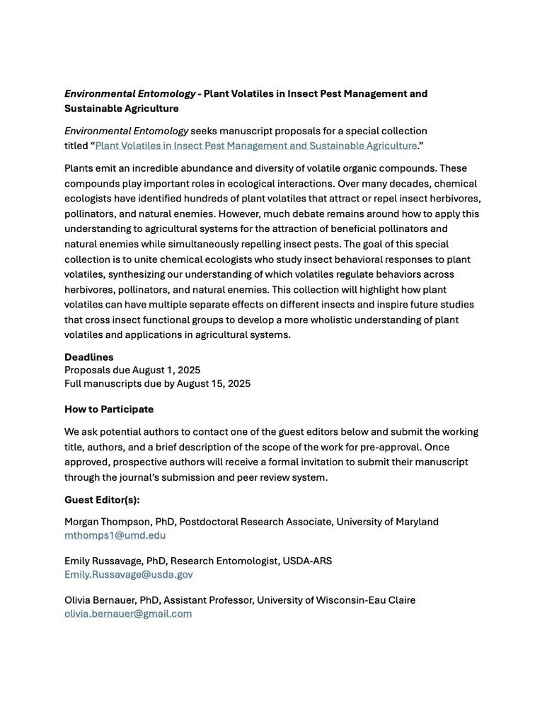 Flyer advertising a special collection in Environmental Entomology titled Plant Volatiles in Insect Pest Management and Sustainable Agriculture. 
