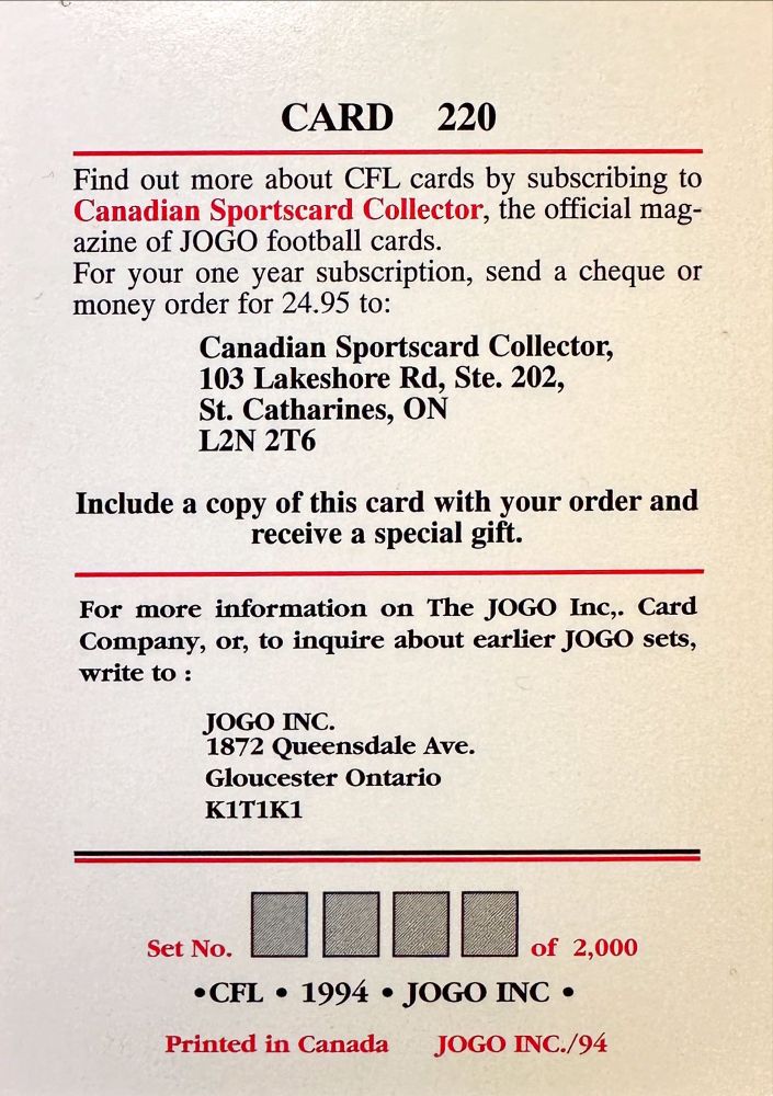 A promotional image of a CFL (Canadian Football League) trading card featuring subscription information for the Canadian Sportscard Collector magazine. The card includes details for ordering and a note about a special gift for including this card with the order. 