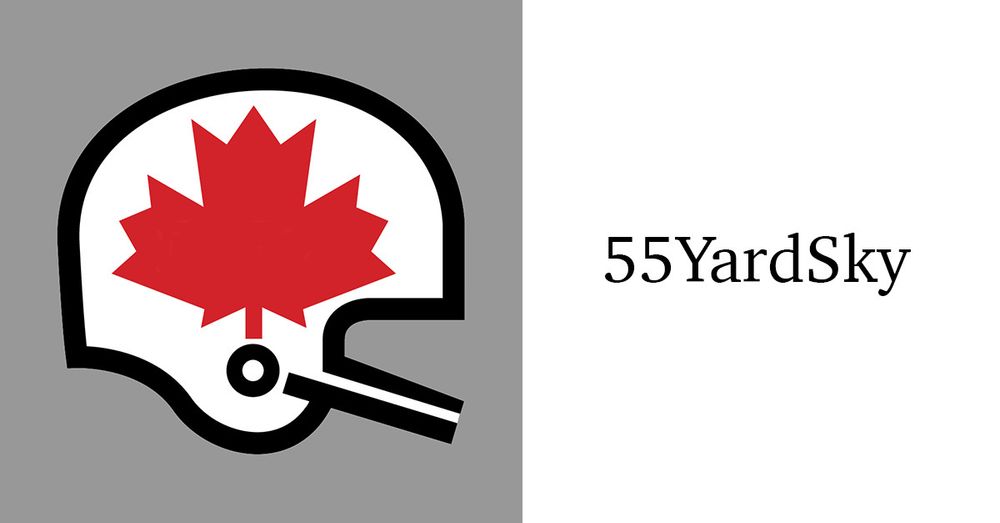 55YardSky graphic with a while helmet on a grey background with a red leaf on the side