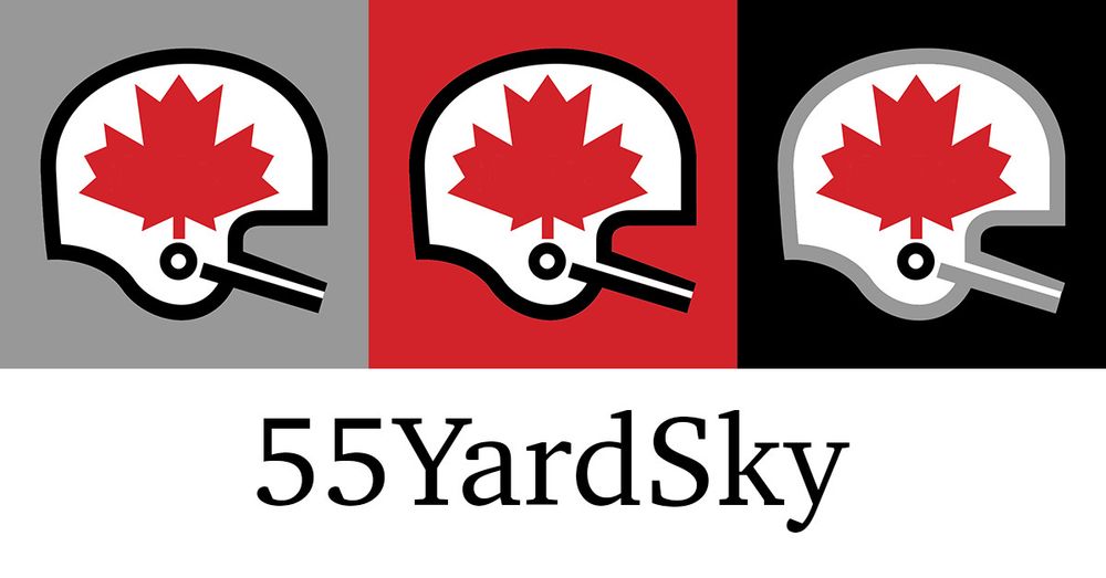 55YardSky graphic with 3 football helmets, each with a red leaf\55YardSky graphic with 3 football helmets, each with a red leaf on the side