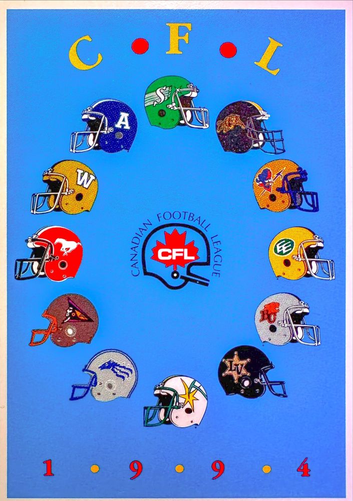 An illustration featuring various football helmets arranged in a circular layout, representing teams from the Canadian Football League (CFL). The background is blue, with "CFL" and "CANADIAN FOOTBALL LEAGUE" prominently displayed in the center