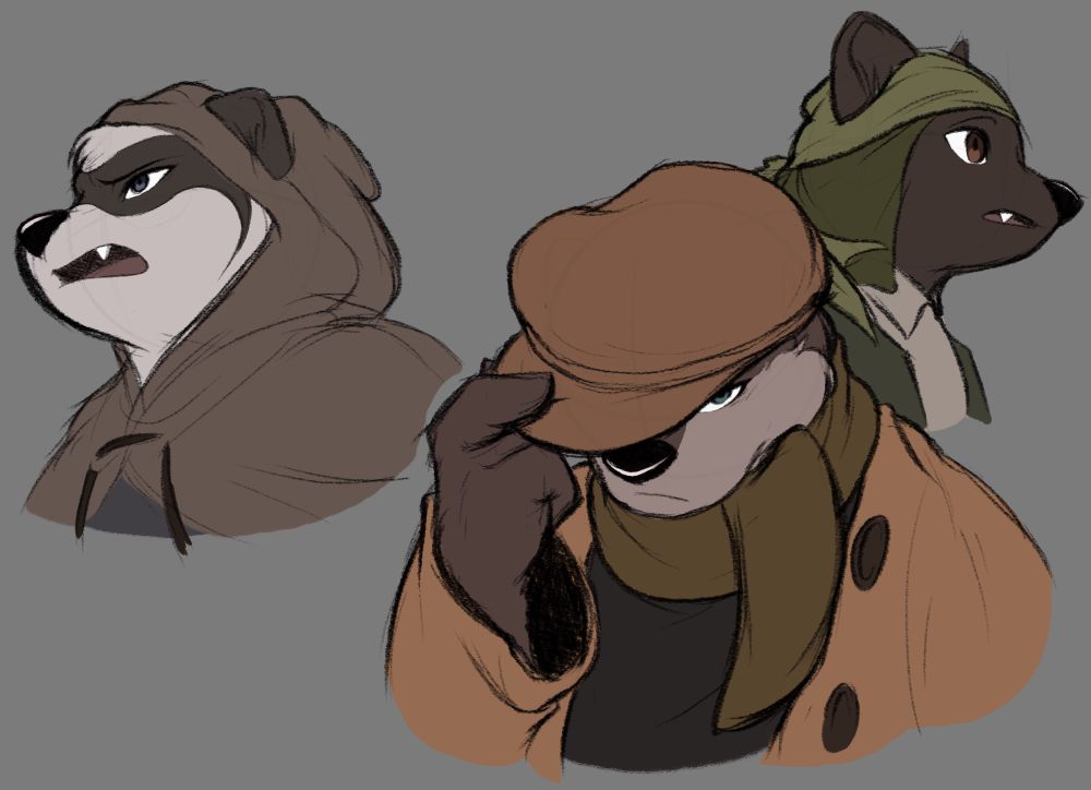 Portraits of a ferret wearing a hood, a river otter wearing a cap, and a small shrew