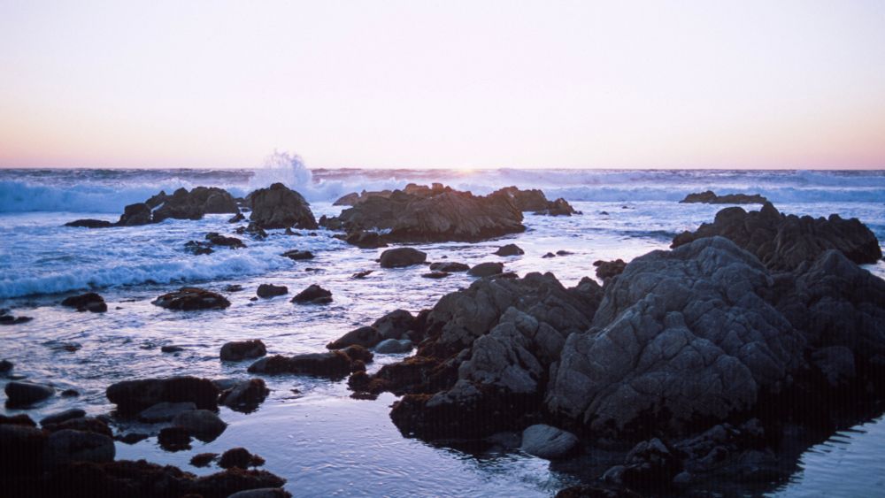 A color photograph of the ocean at sunset, where the last sliver of the sun glows faintly on the horizon. Waves crash gently against dark, jagged rocks scattered across the scene, and the water reflects the pale lavender and gold tones of the fading light. The sky transitions smoothly from warm peach near the horizon to cool violet-blue overhead. Captured on Fujicolor Provia 100 film using a Pentax LX with a 35mm f/2.8 lens, the image displays the slide film’s signature fine grain, high contrast, and luminous color gradation produced by the E6 process.