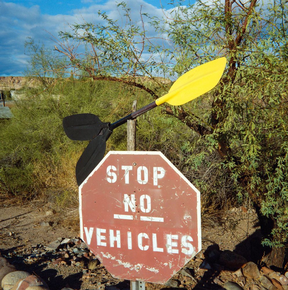  Weathered “Stop No Vehicles” sign in a desert setting with crossed black and yellow kayak paddles mounted above, photographed on Lomography 800 film using a Voigtländer Perkeo II with an 80mm f/3.5 Color-Skopar lens.