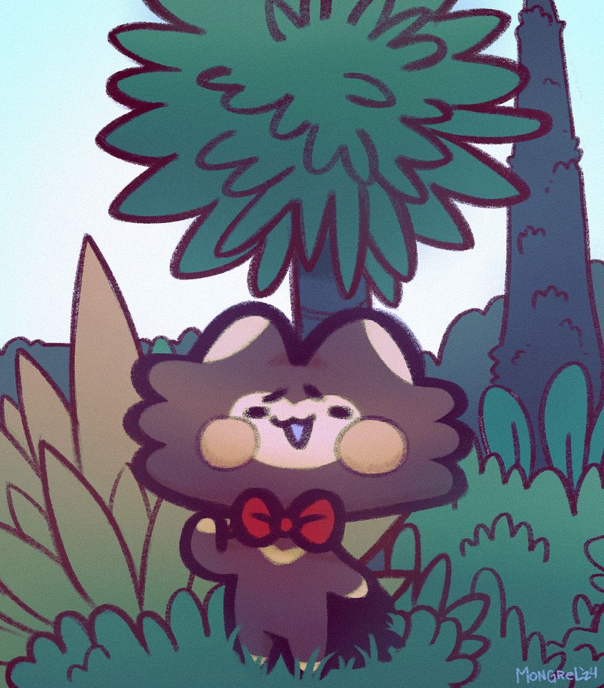 silly little brown and cream bushdog in a red bowtie steps out of the bushes and stares questioningly at you