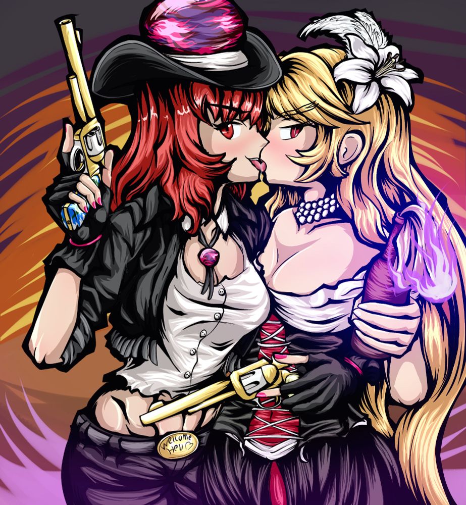 Hecatia Lapislazuli and Junko of touhou project in Western styled outlaw attire. Hecatia holds a golden revolver in each her hands and has one arm wrapped around Junko's waist pulling her into a kiss.
The handles of Hecatia's revolvers have patterning evocative of the earth and moon, in allusion to her usual earth and moon planets connected by gold chains. Her clothes consist of a cropped black jacket with rolled up sleeves and a torn button up shirt and a pair of fingerless gloves. She has on a pair of black leather pants held up by a grey belt with golden belt buckle that has 'welcome hell' inscribed unto it.
Junko Is in a dress with accessories that are inspired by a Western woman's fashion one might see in a saloon or similar establishment. It consists of an off the shoulder blouse held by a black and red corset with a long dress continuing the pattern. She has pearl necklaces around her neck and a lily in her hair attached to a pure white feather plume. In her hand she holds forth a molotov cocktail ignited by her vivid pinkish-purple purifying flame.