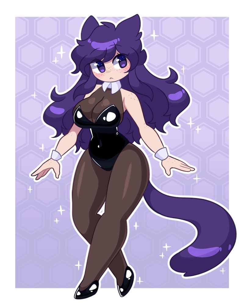 Amethyst, a purple haired and purple eyed catgirl, wearing a bunny suit.