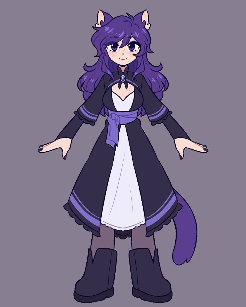 A reference of Amethyst, a purple haired catgirl, wearing a black, white, and purple dress.