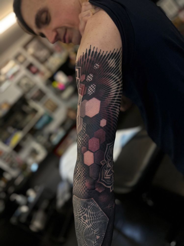 Cassady bell tattoo. Dark tattoo art. Blackwork. Futuristic Neo tribal. Geometric tattoo