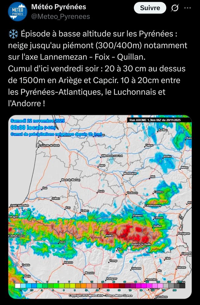 
Tweet de Météo Pyrénées
@Meteo_Pyrenees
❄️ Épisode à basse altitude sur les Pyrénées : neige jusqu'au piémont (300/400m) notamment sur l'axe Lannemezan - Foix - Quillan.
Cumul d'ici vendredi soir : 20 à 30 cm au dessus de 1500m en Ariège et Capcir. 10 à 20cm entre les Pyrénées-Atlantiques, le Luchonnais et l'Andorre !

1:06 PM · 20 nov. 2025

