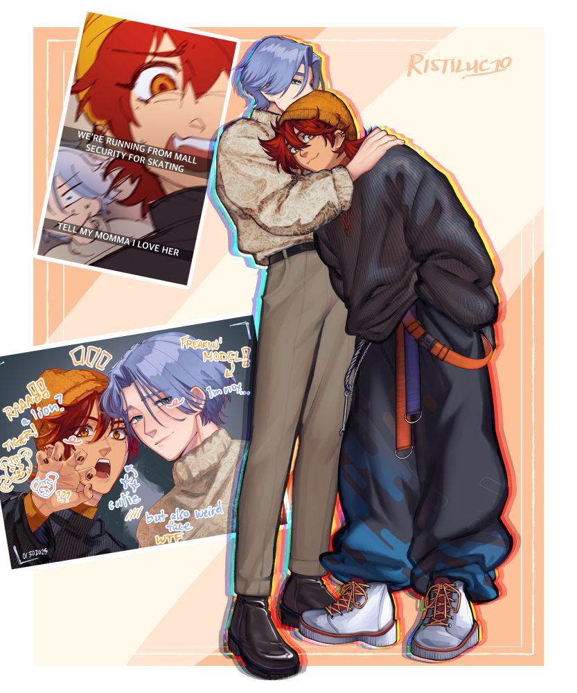 Various drawings of Reki and Langa, one full body shot, and two mock-selfies