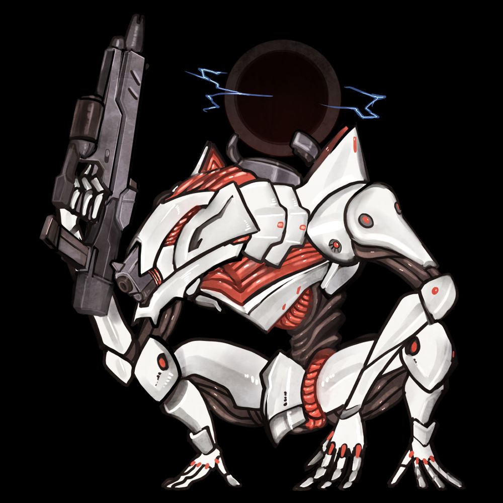 The strange looking mech is holding a sci-fi style assault rifle.

The mech is Pegasus, appeared in the tabletop role-playing game Lancer.
This is an artillery mech that uses a non-existent gun to attack enemies in a non-shooting manner.