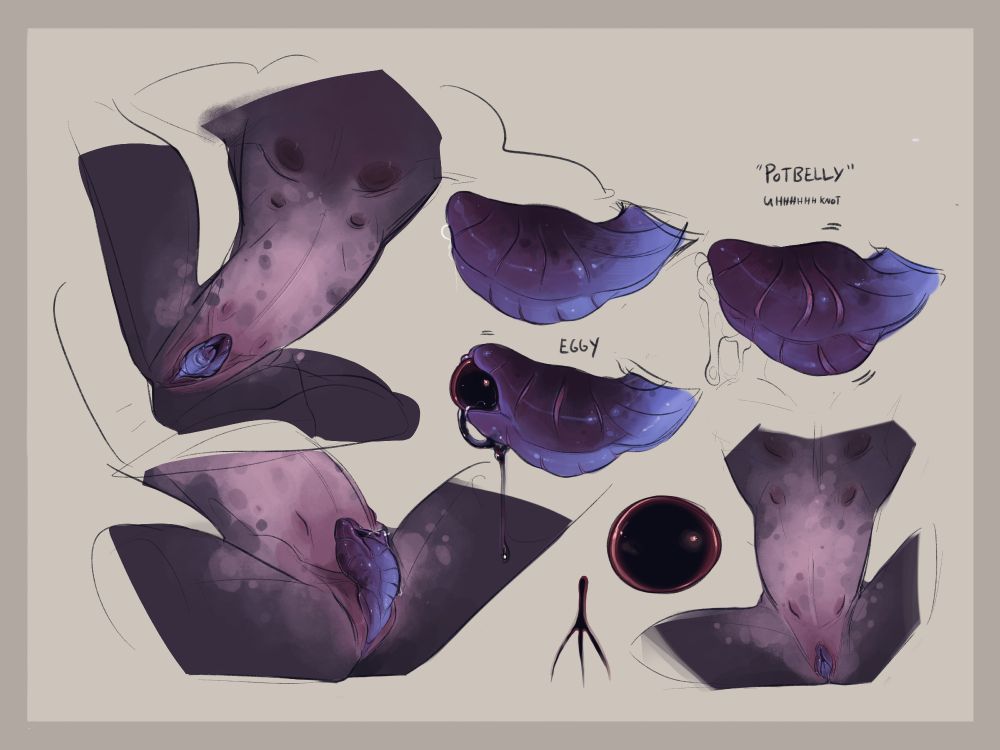A purple toned goblin with a speckled pink belly and a caecilian-like ovipositor