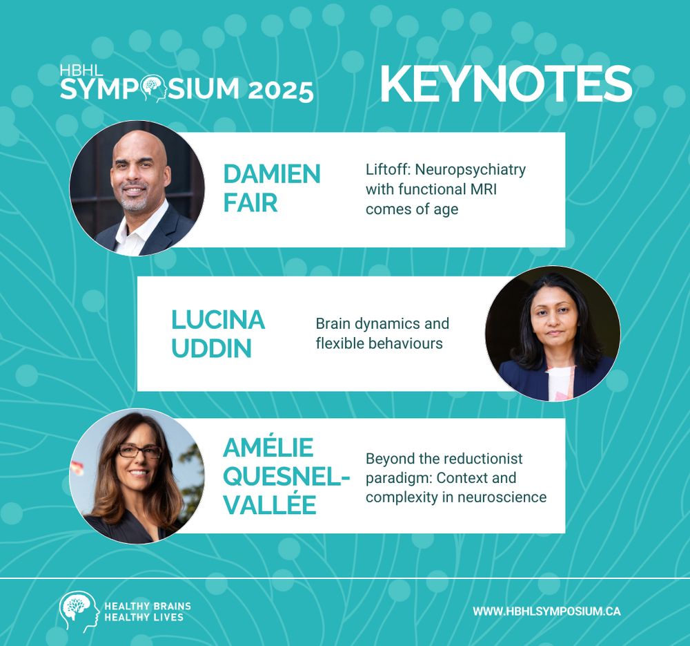 Symposium visual with three keynotes and their talk titles. Damien Fair - Liftoff: Neuropsychiatry with functional MRI comes of age / Lucina Uddin - Brain dynamics and flexible behaviours / Amélie Quesnel-Vallee - Beyond the reductionist paradigm: Context and complexity in neuroscience