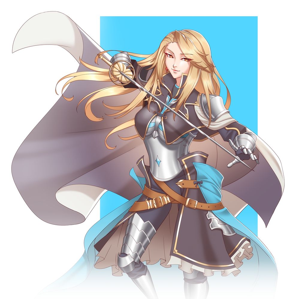 a commissioned artwork of Katalina Aryze from Granblue Fantasy series of games in a battle-ready stance, wearing her promo outfit