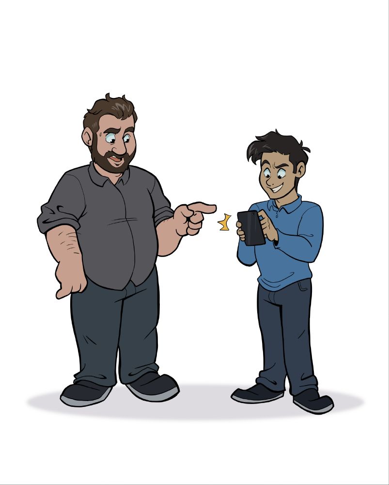 Two buddies are experimenting with a cell phone app. The larger friend is more apprehensive, the smaller more excitable as he tries it out.