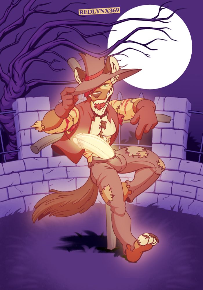 Theodore the striped hyena but as a rock hard scarecrow. leaning back and presenting his now glowing cock