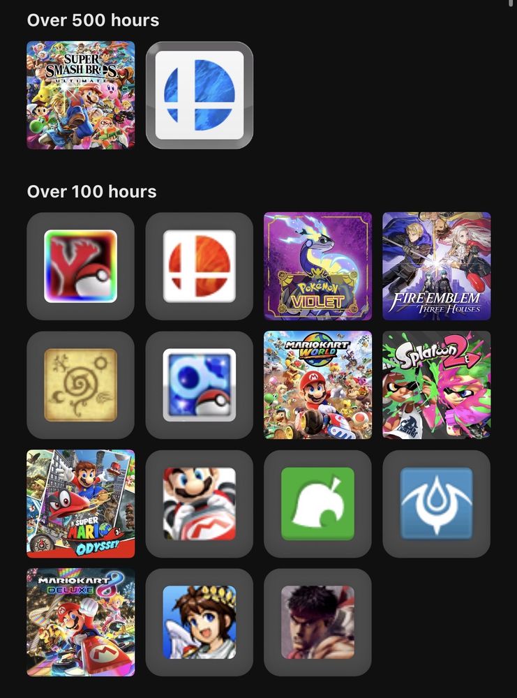 The new "Nintendo Store" app shows you your playtime in any console game dating back to the 3DS.

Games with over 500 hours of playtime: 
Super Smash Bros. Ultimate, Super Smash Bros. for Wii U

Over 100 hours:
Pokémon Y, Super Smash Bros. for 3DS, Pokémon Violet, Fire Emblem: Three Houses, Fire Emblem Fates, Pokémon Alpha Sapphire, Mario Kart World, Splatoon 2, Super Mario Odyssey, Mario Kart 7, Animal Crossing: New Leaf, Fire Emblem: Awakening, Mario Kart 8 Deluxe, Kid Icarus: Uprising, Super Street Fighter IV: 3D Edition