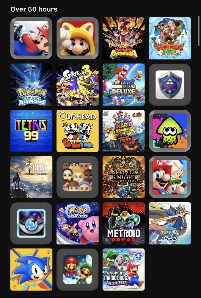 Over 50 hours:
Mario Kart 8, Super Mario 3D World, Donkey Kong Bananza, Donkey Kong Country: Tropical Freeze, Pokémon Brililant Diamond, Splatoon 3, New Super Mario Bros. U Deluxe, The Legend of Zelda: Ocarina of Time 3D, Tetris 99, Cuphead, Super Mario 3D World + Bowser's Fury, Splatoon, The Legend of Zelda: Breath of the Wild, Streetpass Mii Plaza, Shovel Knight: Treasure Trove, New Super Mario Bros. U, Pokémon Moon, Kirby: Star Allies, Metroid Dread, Pokémon Sword, Sonic Mania, Mario & Luigi: Dream Team, Super Mario Bros. Wonder