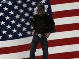 Bob Odenkirk as country singer C.S. Lewis, Jr. doing a boot-scootin’ boogie in front of an American flag backdrop