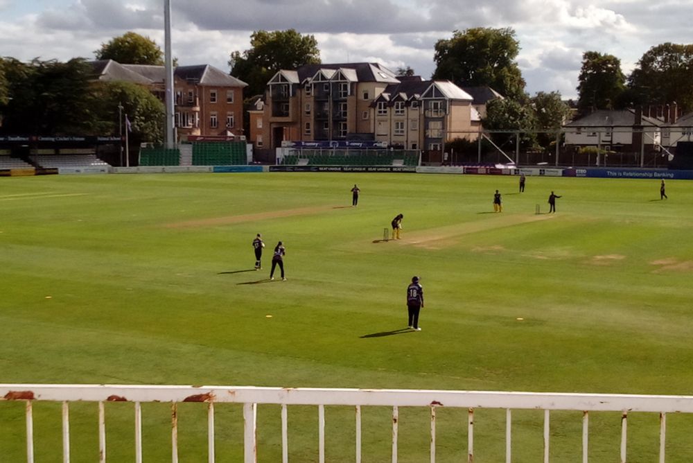 View of a cricket field from the top deck of the stand.
Very green grass (after a week of rain) and sharp shadows beside the players.
Framed by the white fence of the stand, and a slightly ominous grey-cloud sky above.