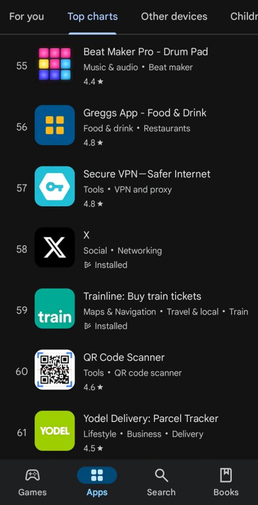 Google Play Top Charts continued, 55-61. X sits in 58th place. The Greggs App is in 56th.