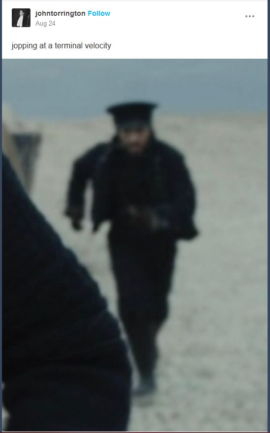 A screenshot of a post on Tumblr by Tumblr user johntorrington. Posted is a blurry image of Jopson from AMC's The Terror mid-run, with the caption "jopping at a terminal velocity".