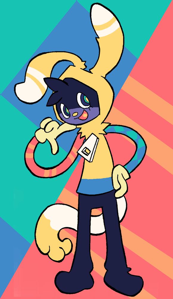 Drawing of KamabokoBun's OC, an alien creature wearing a large yellow hoodie and with a very cartoonish body. 