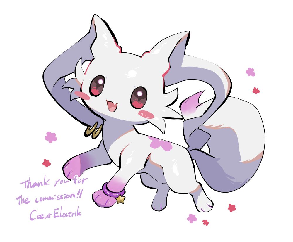 Drawing of my OC, Kyû, a magical girl mascot looking like a cat, with white furr, pink socks on the front legs and pink coloration at the end of the tail. 