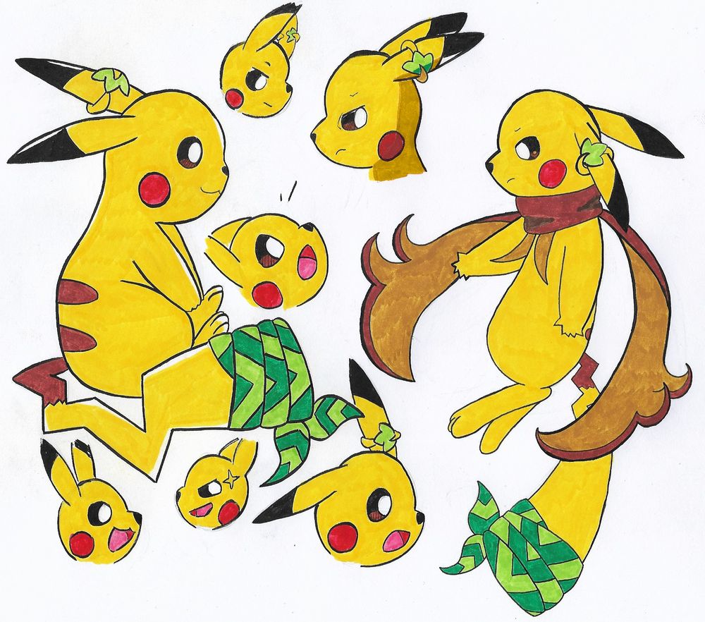 Multiple drawings of Pikachu in profile with various expression