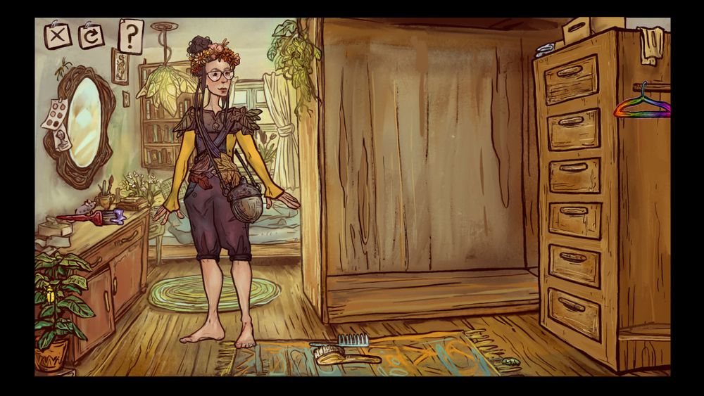 Ein Bild eines Spiels, eine Figur steht in einem Raum mit Schränken. Alles ist im cottagecore stil gehalten und in natürlichen Farben. Die Person trägt eine Lilabrune Latzhose, ein Blätterbolero, eine Blätterkrone,ein gelbes Langarmshirt und eine Eichel-Tasche.