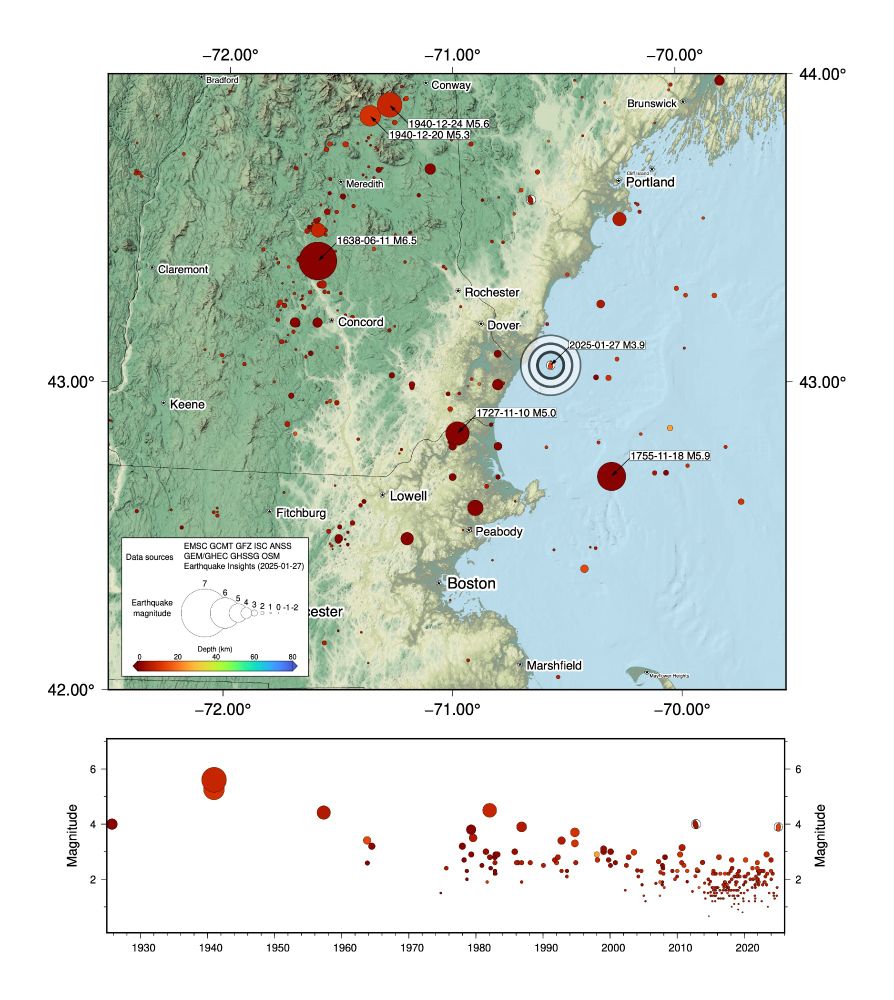 Map of coastal New England, showing recorded earthquakes. Below the map is a timeline of earthquakes since 1925.