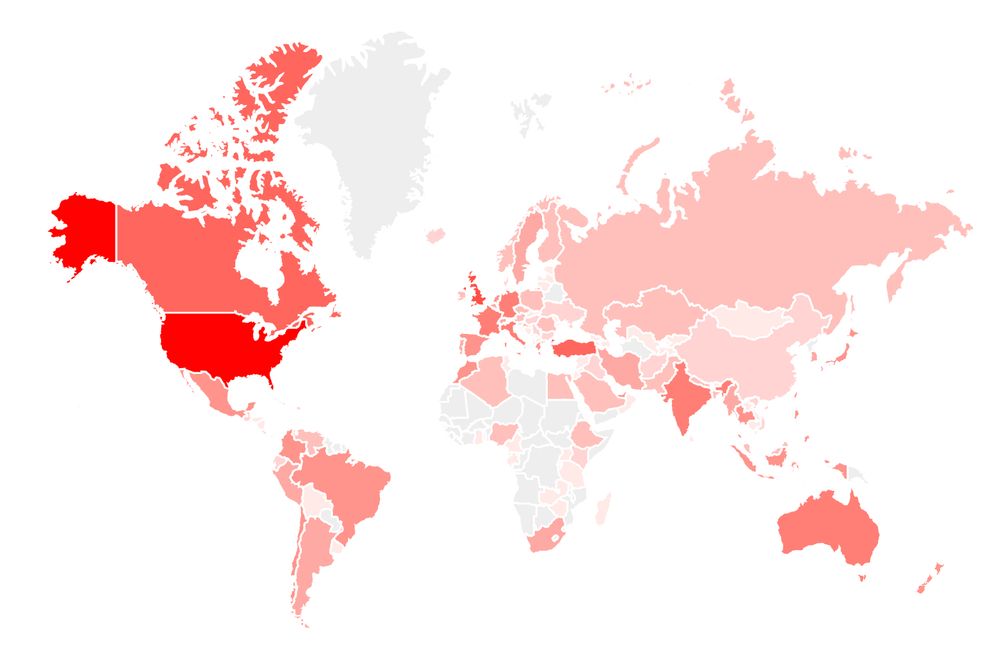 Map of the world. Coutries are colored to show the number of subscribers from each country for Earthquake Insights.