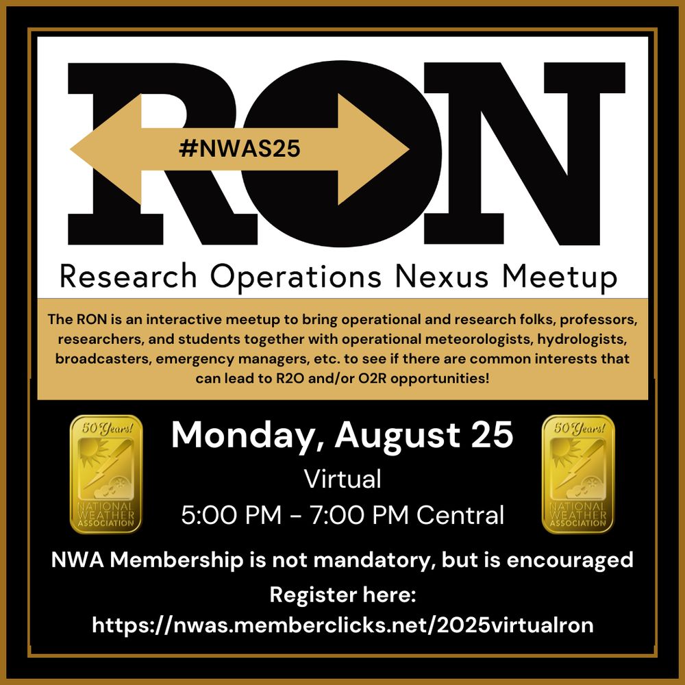 An advertisement for a free, virtual Research Operations NEXUS (RON) Meetup on Monday, August 25, 2025 from 5-7 PM Central Time, hosted by the National Weather Association. The RON is an interactive meetup to bring operational and research folks, professors, researchers, and students together with operational meteorologists, hydrologists, broadcasters, emergency managers, etc., to see if there are common interests that can lead to R2O and/or O2R opportunities. There will be an in-person RON at the 2025 NWA Annual Meeting in Huntsville, Alabama as well. NWA Membership is not mandatory, but encouraged. To register for the virtual RON, head to https://nwas.memberclicks.net/2025virtualron