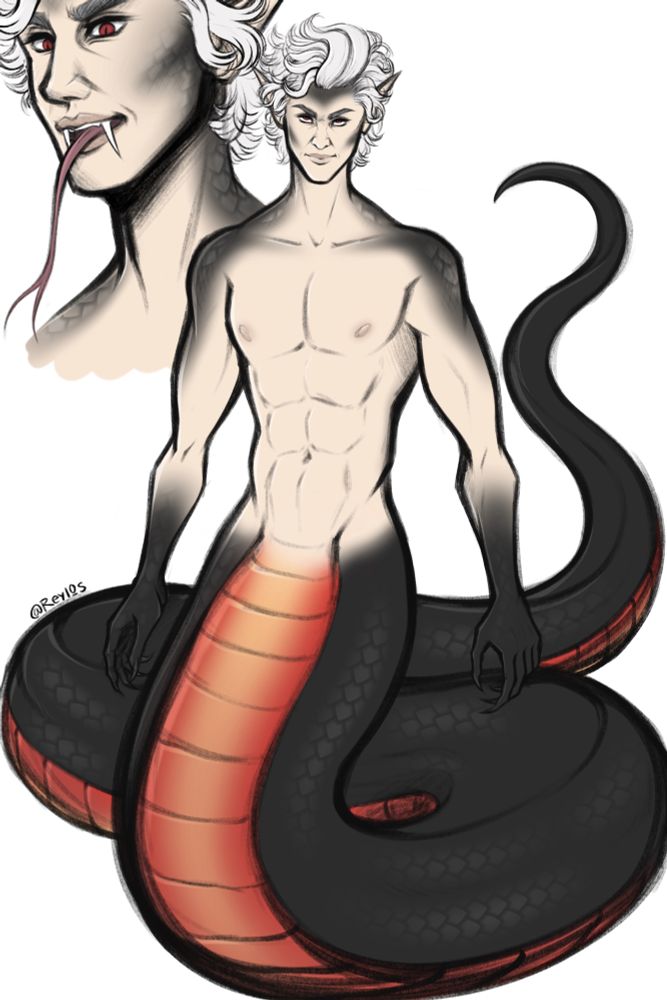 Astarion as a naga (Snakestarion). His bottom half is that in resemblance of a red belly black snake. His clawed hands and forearms are covered in black scales, as are his shoulders, cheekbones, and forearms.