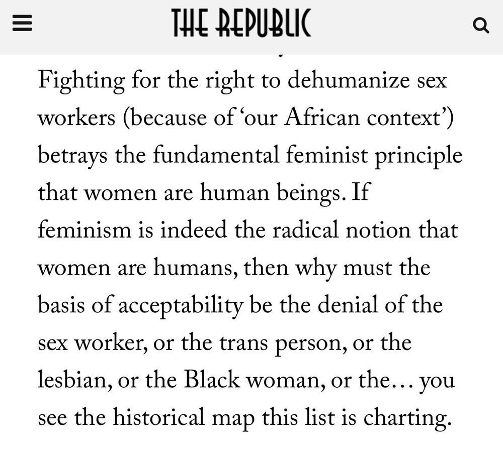 "Screenshot from THE REPUBLIC website showing a paragraph discussing feminism and human rights. The text argues that fighting to dehumanize sex workers betrays the fundamental feminist principle that women are human beings, and questions why acceptance must be based on denying the humanity of marginalized groups including sex workers, trans people, lesbians, and Black women."