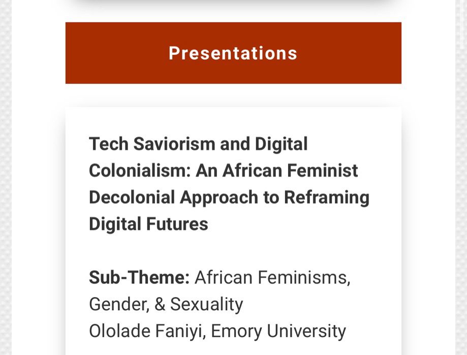 Paper title reads: Tech Saviorism and Digital Colonialism: An African Feminist Decolonial Approach to Reframing Digital Futures