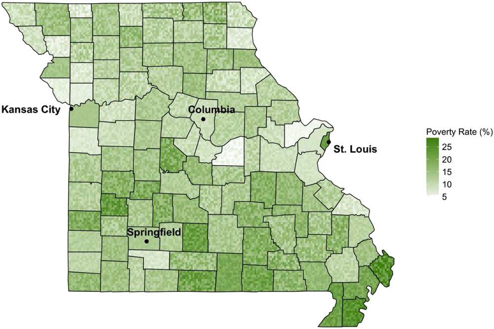 Pixelated display of uncertainty in county-level poverty rates from Lucchesi & Wikle (2017)