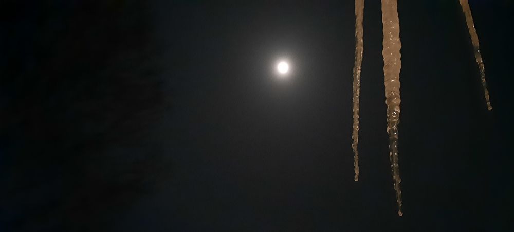 Photo of three icicles at night with the nearly full moon in the background. 