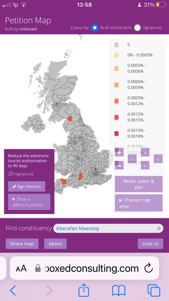 Map of signatories of the petition to limit tourist visa to UK to 90 days. Map updated at 14:02 of the 09/08/25
