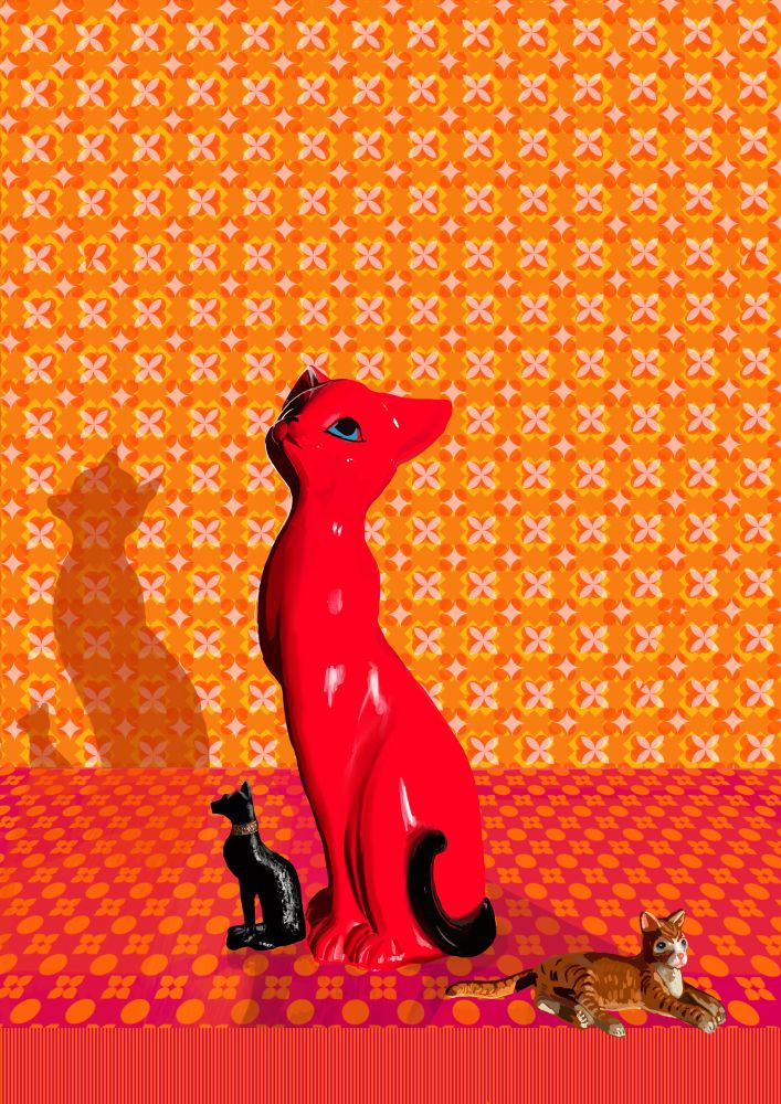 Digital drawing of 3 ceramic cats. One is a red vintage cat, larger than the other 3. The background is patterned in warm colours. 
