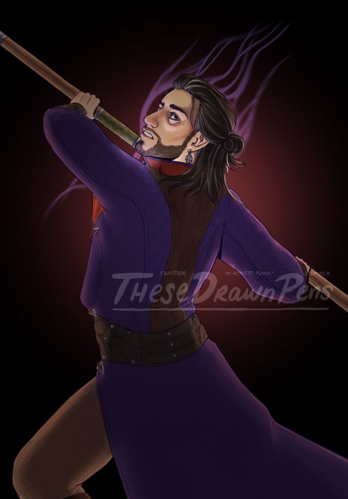 A drawing of Gale Dekarios from the video game Baldur’s Gate 3. Gale is a wizard in a purple robe, tan trousers, and leather bracers. He has dark brown hair with silver streaks in a half-up bun and brown eyes with furrowed eyebrows. He is facing away. Gale looks over his shoulder slightly nervously at the viewer as he braces a quarterstaff in front of himself. There is a glowing coming from his unseen chest and a red eerie glow from a light behind him.