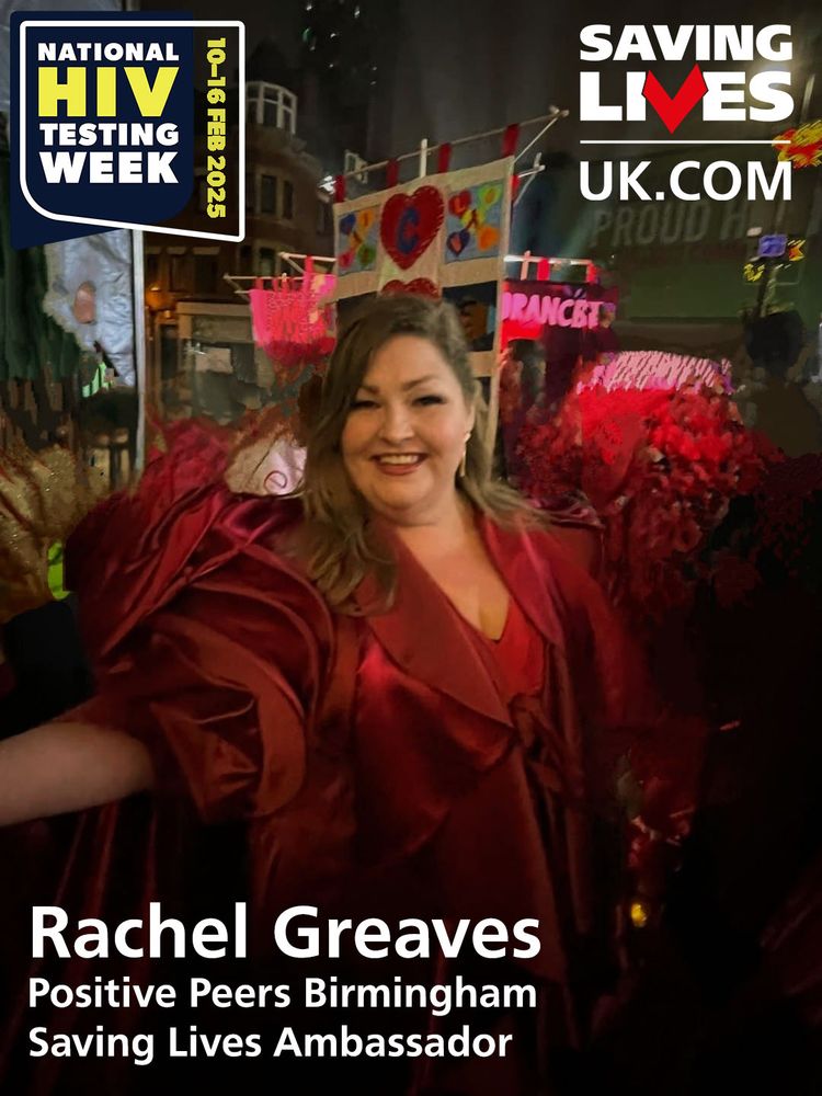 A smiling woman dressed in red stands amongst a parade. The caption reads "Rachel Greaves. Positive Peers Birmingham. Saving Lives Ambassador". 