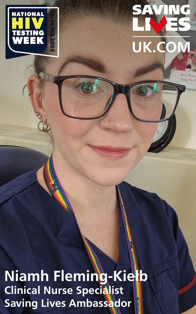 A nurse in navy blue scrubs, with a rainbow lanyard sits in an office. The caption says "Niamh Fleming-Kielb, Clinical Nurse Specialist, Saving Lives Ambassador"