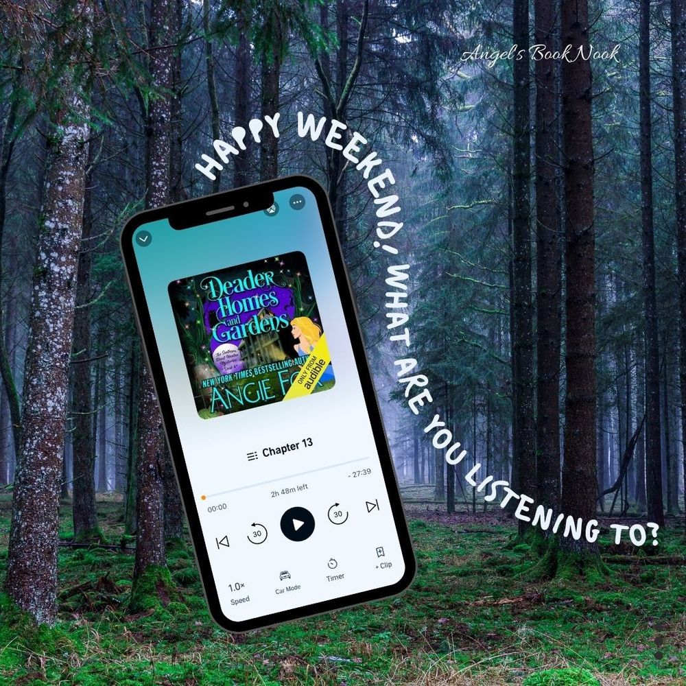 haunted forest featuring iPhone with audiobook listen Deader Homes and Garden. Asking what are you listening to this weekend?