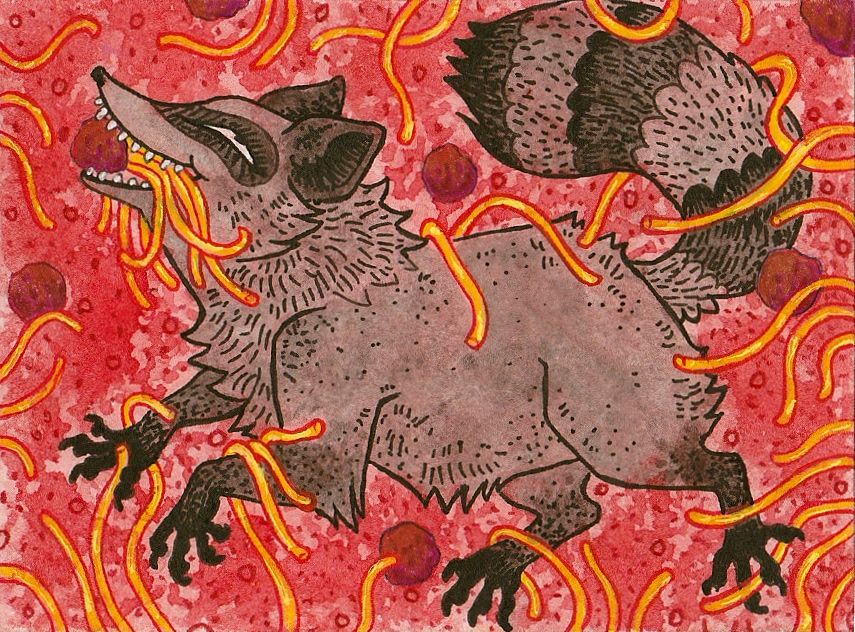 Traditional media artwork - it features an exuberant raccoon on a red background surrounded by spaghetti and meatballs. 