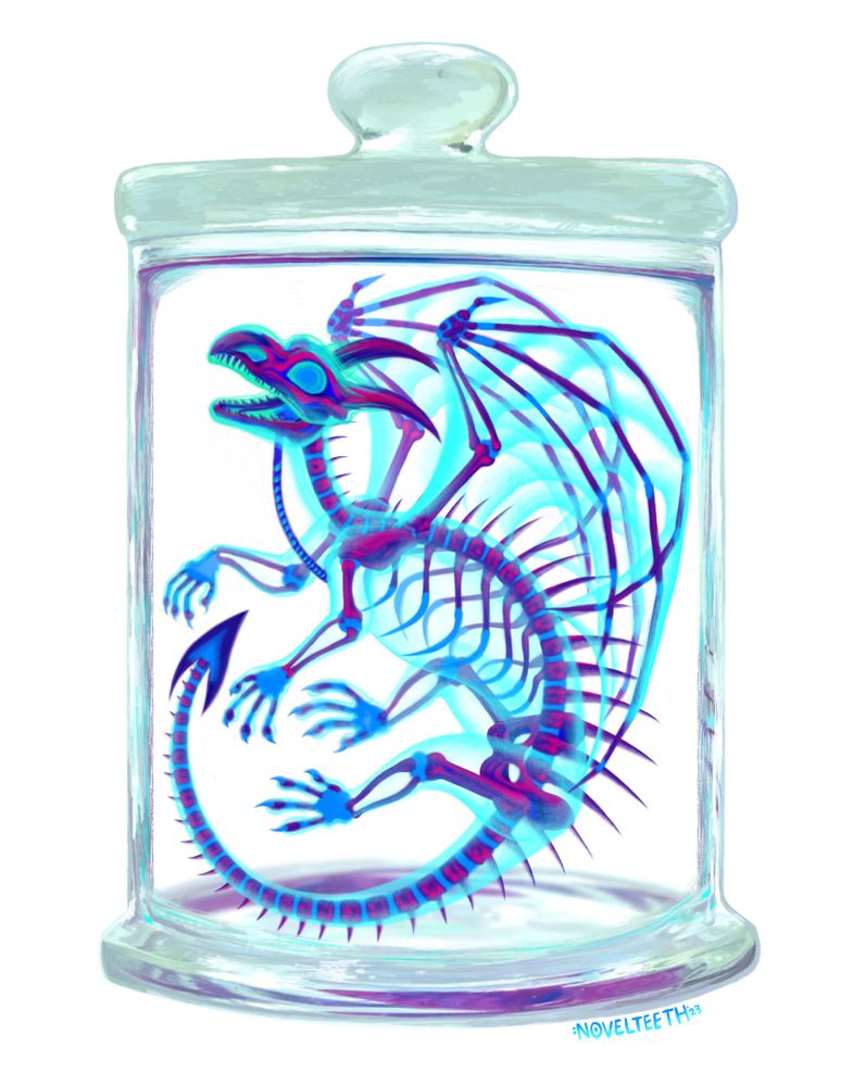 Digital illustration of a dragon skeleton with translucent skin suspended in a glass jar, it is bright blue and purple in the style of diaphionized taxidermy.
