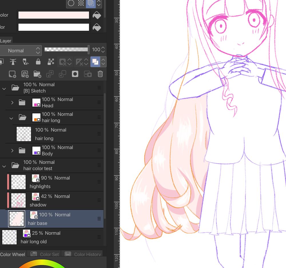 Partially colored sketch of a girl with very long, fluffy hair. I hope.