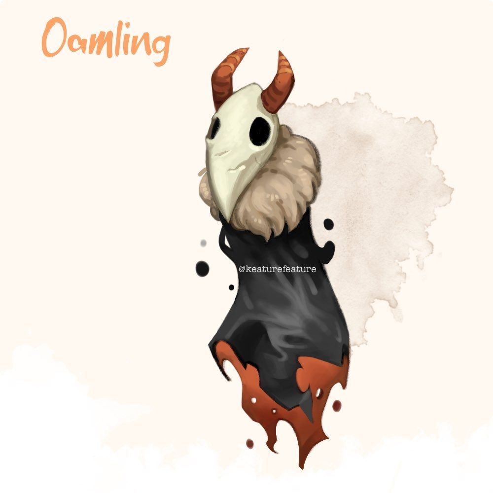 Digital painting of a floating creature with small orange horns, a bird-like skull face, furry collar, and wisping shadowy body that drapes like a cloak, the underside of which is orange. Floating text labels the creature as "Oamling."